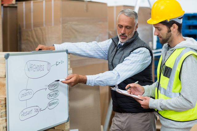 Manager and warehouse worker discussing over whiteboard in warehouse