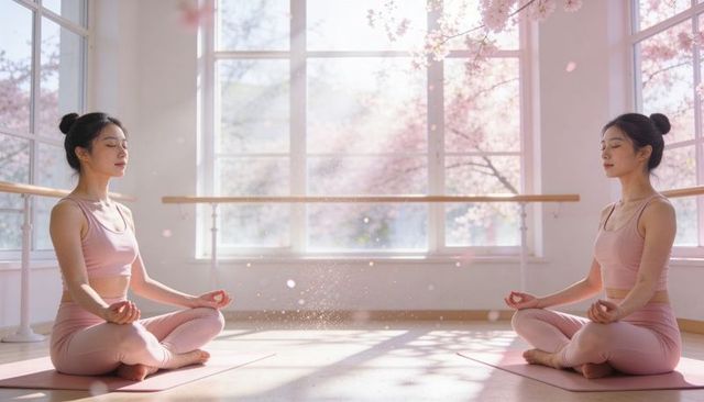 Symmetrical meditation duet asian women in pink activewear meditating in sunlit studio