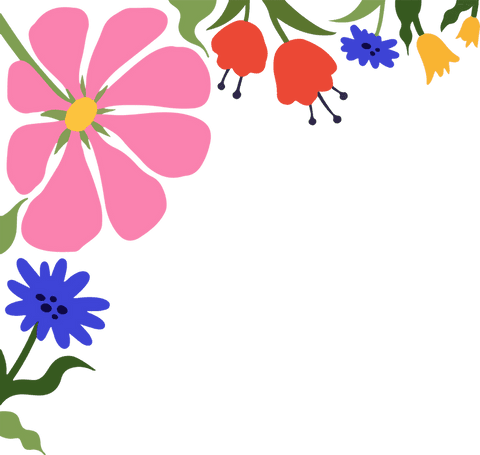 Colorful flat floral corner border on transparent background