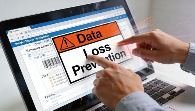 Data Loss Prevention Alert on Touchscreen Laptop Emphasizing Insider Threat Mitigation