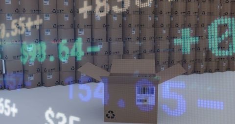 Financial data visualized over stacked cardboard boxes