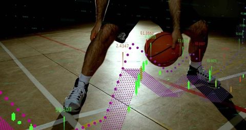 Basketball player dribbling with charts in gym for sports and analytics concept