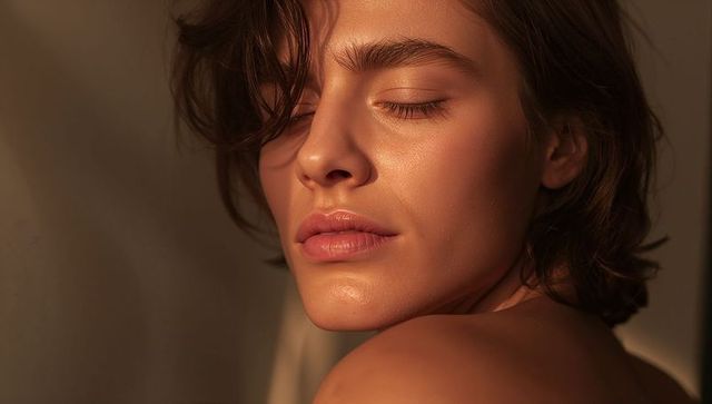 Close-up portrait woman closing eyes in warm directional light, glowing skin texture