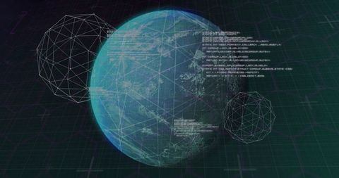 Futuristic earth hologram with code and wireframes