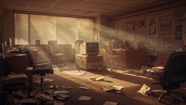 Vintage newsroom with retro crt monitor on wooden cart, sunlight streaming through blinds