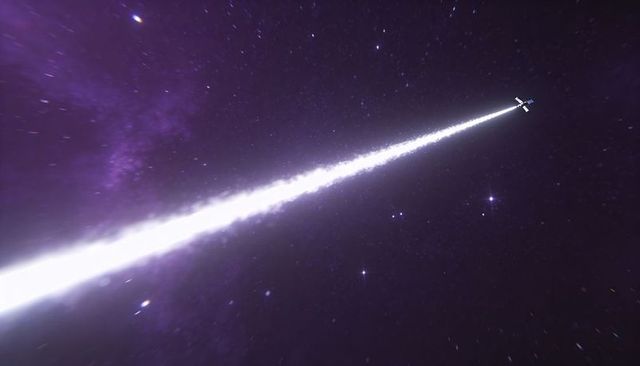 Small spacecraft racing through violet nebula leaving blazing white exhaust trail in space