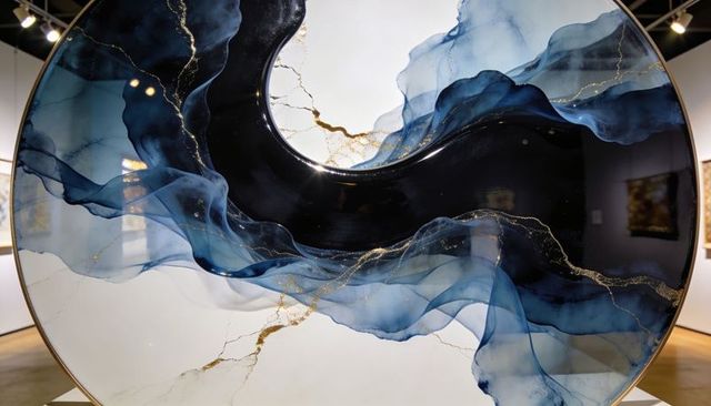 Round navy and gold resin abstract panel with translucent layered waves for modern decor
