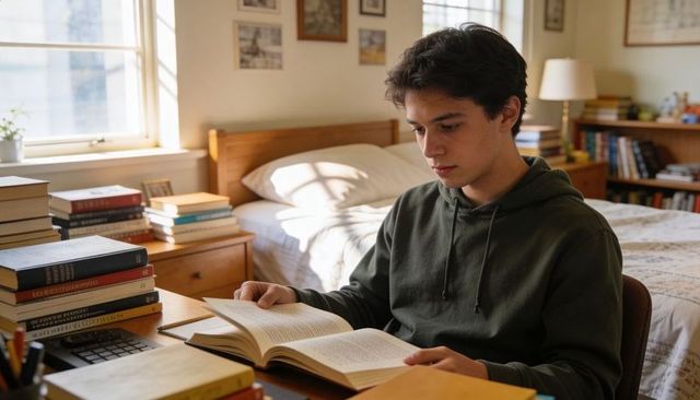 Focused college student reading at dorm desk in natural light, cozy books and study space
