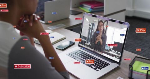 Person Engaged with Online Video Lesson Surrounded by Media Icons - Download Free Stock Images Pikwizard.com