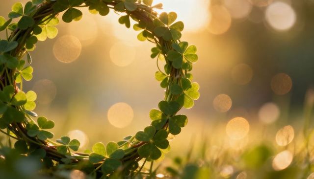 Clover wreath glowing in golden sunset backlight with shallow depth bokeh, tranquil meadow
