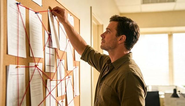Detective pinning evidence on corkboard with red string mapping connections in office