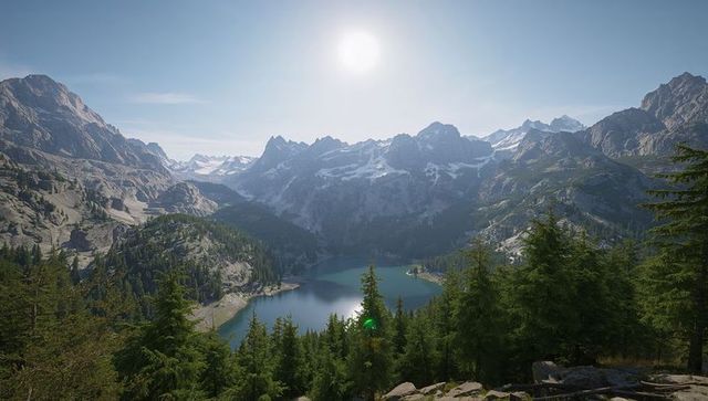 Framing sunlit turquoise alpine lake with jagged granite peaks and conifer ridge