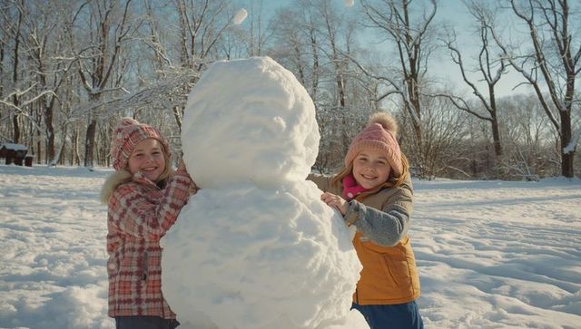 Children building snowman in wintery park