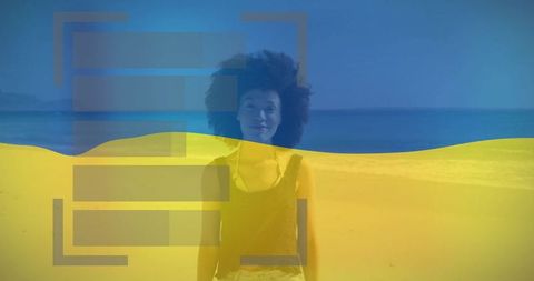 Woman Relaxing on Sunlit Beach with Artistic Graphic Overlay