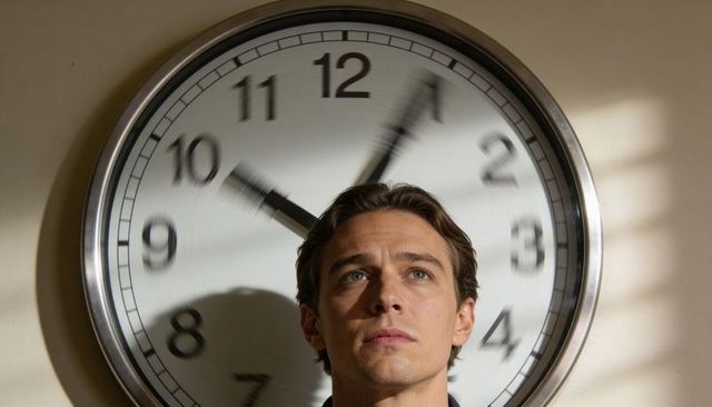 Young man facing oversized wall clock conveying time pressure, contemplation, deadline