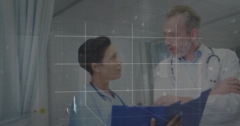 Doctor and Nurse Reviewing Patient Records with Digital Data Overlay in Hospital Ward