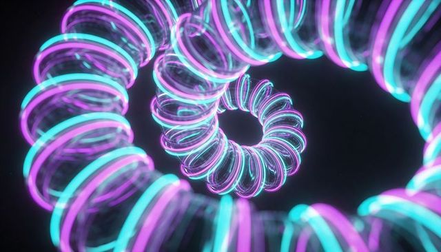 Neon spiral toroidal coils receding into vortex, glowing glass rings futuristic tunnel