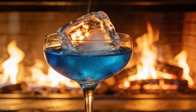Vivid blue cocktail in coupe glass with large ice cube reflecting warm fireplace glow