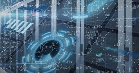 Futuristic Interface with Math Equations on Laboratory Glass Panels