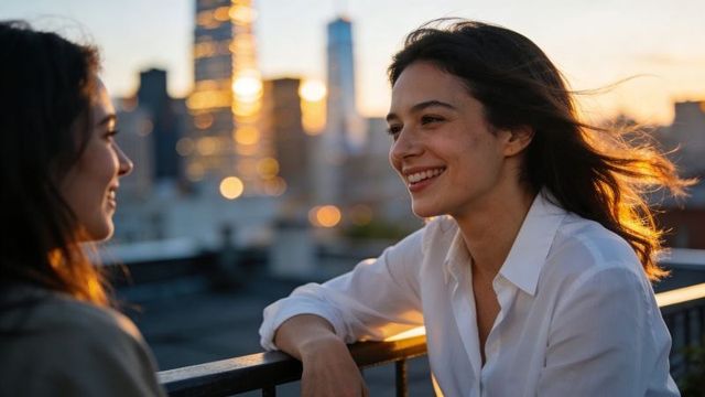 Smiling woman leaning on rooftop railing at sunset with warm city skyline bokeh