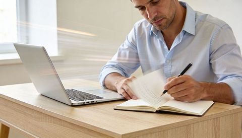 Man writing at laptop in sunlit minimalist workspace, planning and focusing