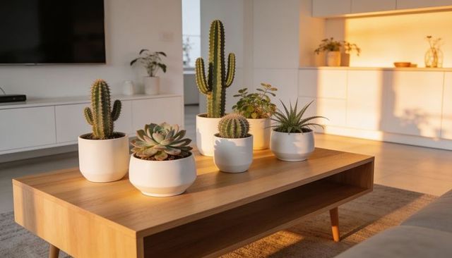 Minimalist living room succulents and cacti on wooden coffee table in warm golden sunlight