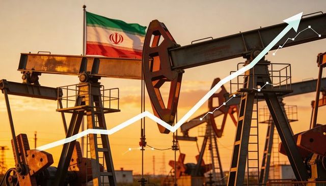 Iranian oilfield pumpjacks at golden hour with rising price arrow and rusted wellheads