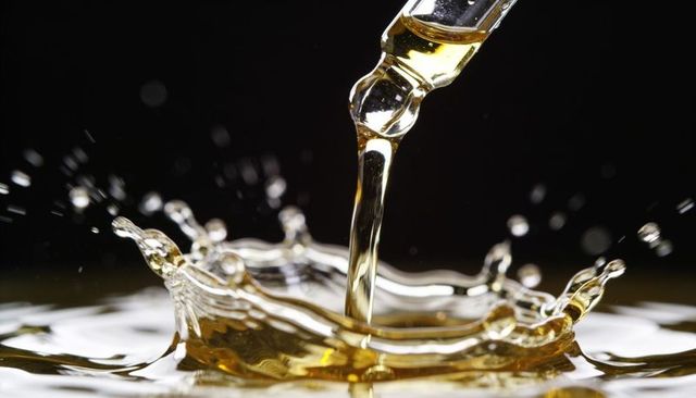 Dispensing amber oil forming golden crown splash macro with glass dropper