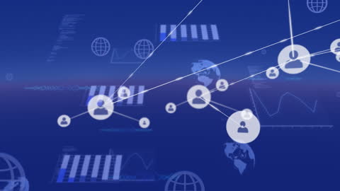 Digital Network of Profile Icons With Data and Graphs on Blue Background