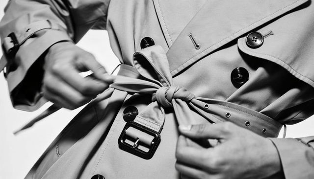 Hands tying trench coat belt with metal buckle and grommets, closeup monochrome fashion