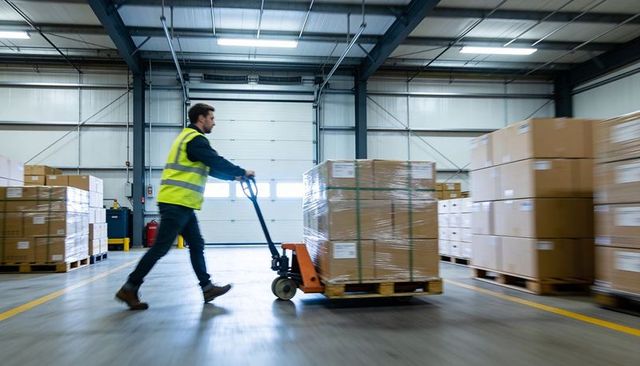 Warehouse worker pushing pallet jack moving pallet stacked with wrapped boxes through industrial ais