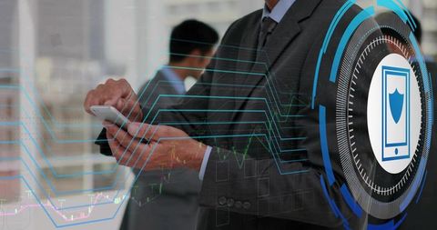 Businessman tapping smartphone with cybersecurity hud and financial analytics overlay