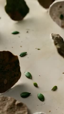 Levitating Seed Crackers Floating Off Pale Tabletop with Basil Buds, Minimalist Gourmet Clip