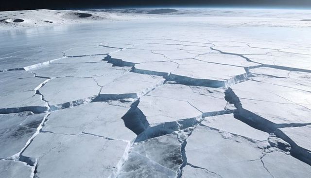 Fracturing polar ice sheet revealing deep fissures across frozen arctic plain