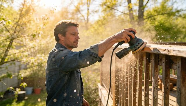 Man sanding backyard deck railing at golden hour with orbital sander