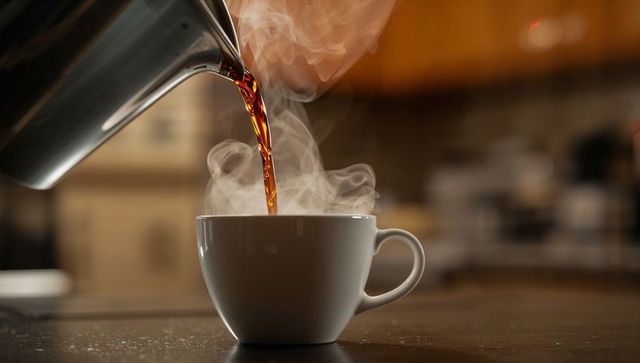 Steaming Hot Coffee Poured Into Ceramic Cup on Rustic Countertop