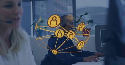 Call center agent working with holographic network sphere for global customer connectivity