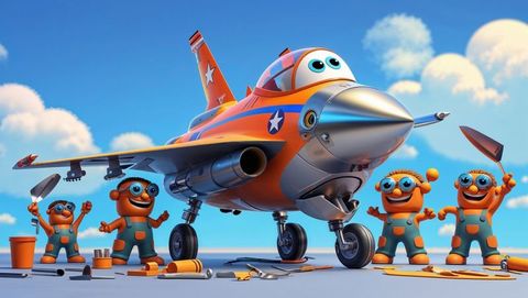 Playful mechanics maintaining cartoon f16 fighter jet