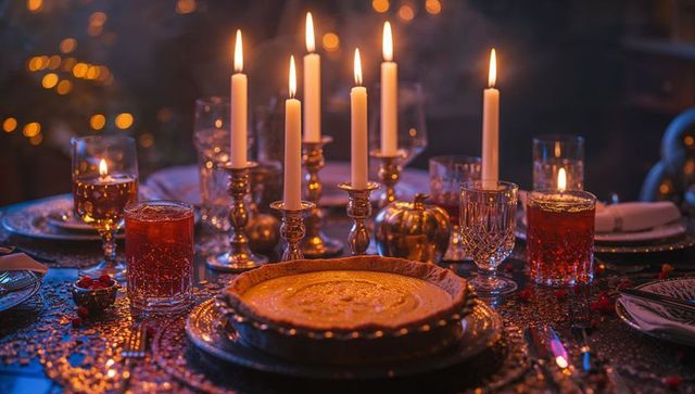 Elegant holiday dinner table with candlelight and pumpkin pie