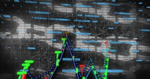 Futuristic financial dashboard pulsing with neon market chart, holographic data network