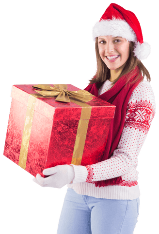 Woman in Festive Clothing Holding Christmas Gift Box Transparent