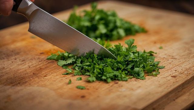 Chopping Fresh Cilantro on Wooden Cutting Board for Meal Prep