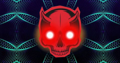 Hovering neon devil skull with glowing eyes, cyan wave patterns, cyberpunk horror
