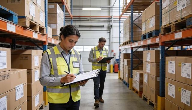 Warehouse inventory audit team conducting barcode stock check in industrial aisle