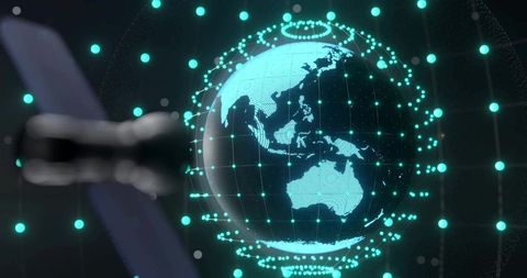 Holographic rotating globe showing asia-pacific satellite network and neon data grid 3d