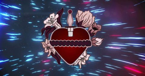 Sacred Heart Emblem with Dagger and Rope, Floral Tattoo Graphic on Neon Light Trails
