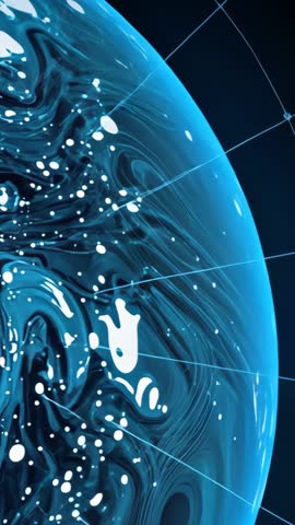 Rotating Liquid Sphere Revealing Droplets Against Glowing Geometric Grid — Vertical Opener