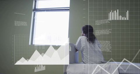 Child Patient Contemplating Through Window in Clinic Room with Medical Data Overlays