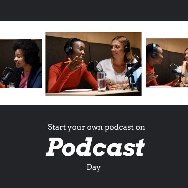 Collage of multiracial young women discussing in podcast and start your own podcast on podcast day. Text, studio, copy space, broadcasting, communication, media and technology concept.