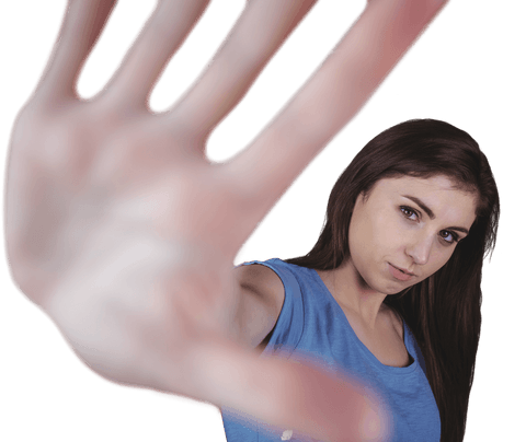 Young Woman in Blue Presenting Open Palm Gesture on Transparent Background